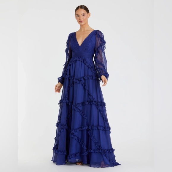 Mac Duggal 68223 NWT Blue Cascade Ruffle Puff Sleeve A Line Gown - Picture 1 of 10